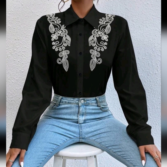 Tops - Women Front Button Long Sleeve Minimalist Embroidered Casual Blouse
